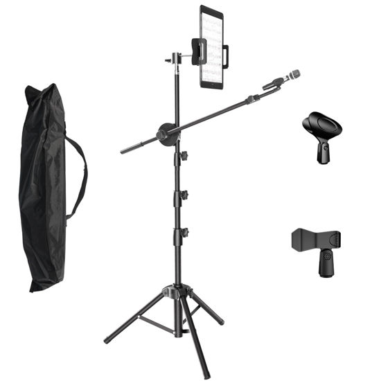 Picture of Kereal Microphone Stand Floor Boom Mic Stand with 360° Ball Head Tablet Holder, Two Mic Clips for Singing, Portable Mic stands Adjust Hight From 17” to 83” for Studio, Stage, Karaoke, DJ, Kids