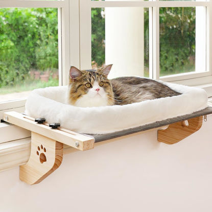 Picture of AMOSIJOY Cat Sill Window Perch Sturdy Hammock Seat with Cushion Bed Cover, Wood & Metal Frame for Large Cats, Easy to Adjust Windowsill, Bedside, Drawer and Cabinet(Cushion Bed)