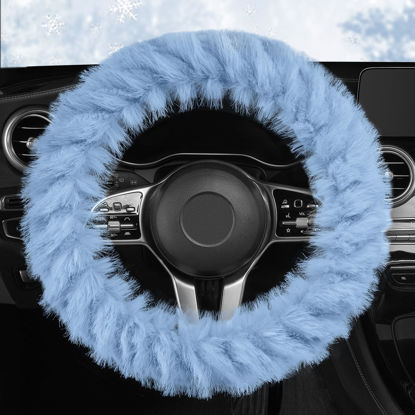 Picture of HighnessHwoo Fuzzy Winter Steering Wheel Cover for Women, Warm Cute Fluffy Car Wheel Cover for Sedan, SUV, Soft Furry Girly Auto Accessories, Blue, Standard Size[14" 1/2-15"](37-38cm)