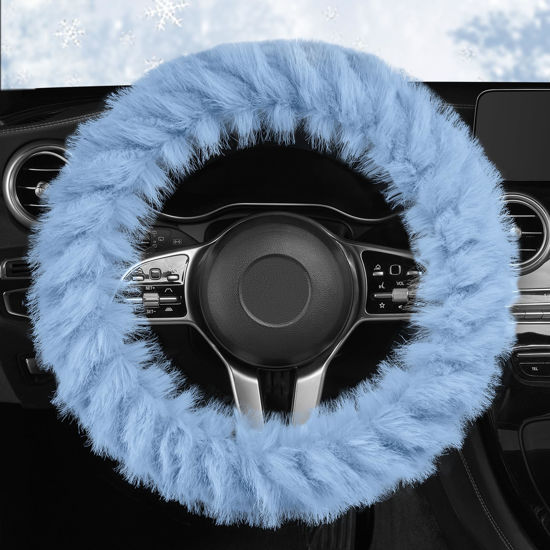 Picture of HighnessHwoo Fuzzy Winter Steering Wheel Cover for Women, Warm Cute Fluffy Car Wheel Cover for Sedan, SUV, Soft Furry Girly Auto Accessories, Blue, Standard Size[14" 1/2-15"](37-38cm)