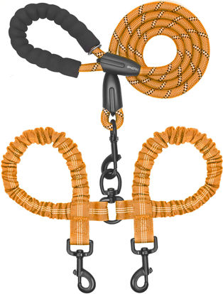 Picture of iYoShop Dual Dog Leash, Double Dog Leash, 360 Swivel No Tangle Walking Leash, Shock Absorbing Bungee for Two Dogs, Orange, Large (25-150 lbs)