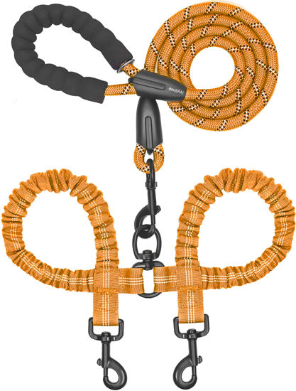 Picture of iYoShop Dual Dog Leash, Double Dog Leash, 360 Swivel No Tangle Walking Leash, Shock Absorbing Bungee for Two Dogs, Orange, Large (25-150 lbs)