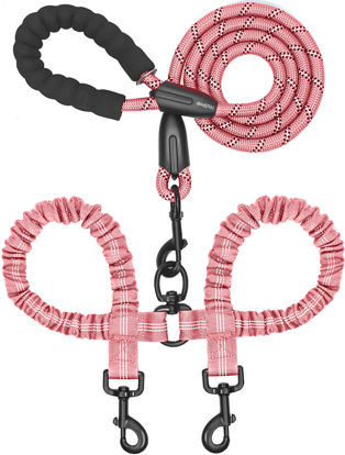Picture of iYoShop Dual Dog Leash, Double Dog Leash, 360 Swivel No Tangle Walking Leash, Shock Absorbing Bungee for Two Dogs, Large (25-150 lbs), Baby Pink