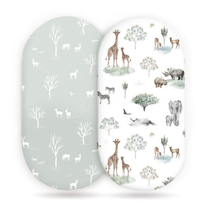 Picture of Stretch Ultra Soft Fitted Bassinet Sheet Set 2 Pack, Universal Fit for Bassinets Baby Cradle Moses Basket Oval Rectangle Mattress Safe and Snug, Pretty African Savannah Animals Pattern