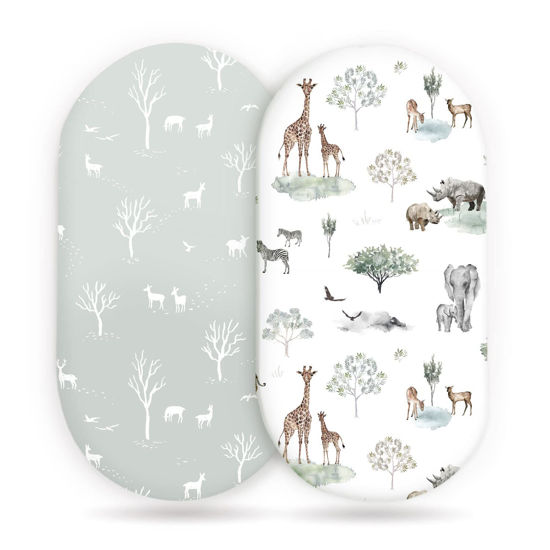 Picture of Stretch Ultra Soft Fitted Bassinet Sheet Set 2 Pack, Universal Fit for Bassinets Baby Cradle Moses Basket Oval Rectangle Mattress Safe and Snug, Pretty African Savannah Animals Pattern