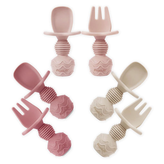 Picture of PandaEar 6 Pack Silicone Baby Spoons and Fork Feeding Set- Anti-Choke First Self Feeding Utensils for Baby Led Weaning Ages 3 Months -Pink