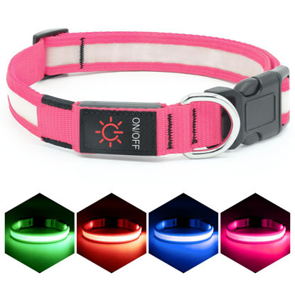 Picture of Vizpet LED Dog Collar, Light Up Dog Collar Adjustable USB Rechargeable Super Bright Safety Light Glowing Collars for Dogs (Large, Pink)