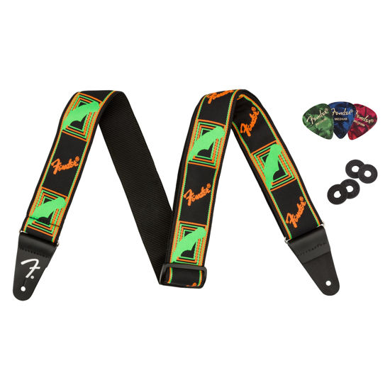 Picture of Fender Neon Monogrammed 2-Inch Guitar Strap - Green and Orange Bundle with Strap Blocks and Picks