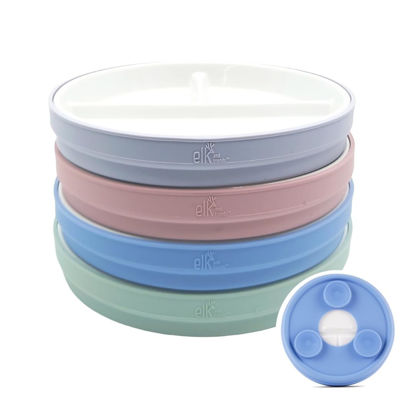 Picture of Elk and Friends Kids 6.7” Porcelain White Plates with Silicone Suction Sleeves Sleeves | Divided Plates | Suitable for Babie/Kids/Toddlers | Microwave & Dishwasher Safe | Non Slip | Snack Dishes