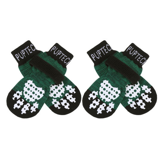 Picture of PUPTECK Anti-Slip Dog Socks with Double Sides Grips for Small Medium Large Dogs Hardwood Floors Prevents Licking, Dog Shoes for Hot Pavement Traction Control for Senior Dogs, Dark Green, L