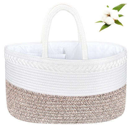 Picture of ABenkle Large Baby Diaper Caddy Baby Basket, Nursery Storage Bin and Car Organizer for Diapers and Baby Wipes, Changing Table Cotton Rope Diaper Storage Caddy Baby Gift Baskets