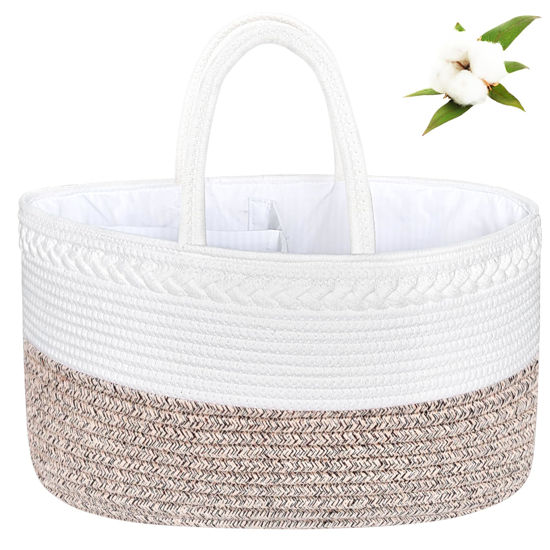 Picture of ABenkle Large Baby Diaper Caddy Baby Basket, Nursery Storage Bin and Car Organizer for Diapers and Baby Wipes, Changing Table Cotton Rope Diaper Storage Caddy Baby Gift Baskets