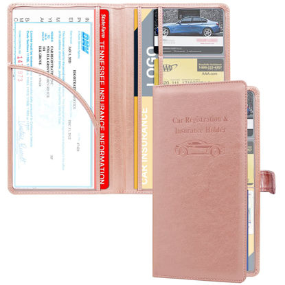 Picture of RSAquar Car Registration and Insurance Holder, Leather Car Glove Box Organizer, Cool Car Accessories for ID, Driver's License Cards & Essential Document, Men&Women, Rose Gold