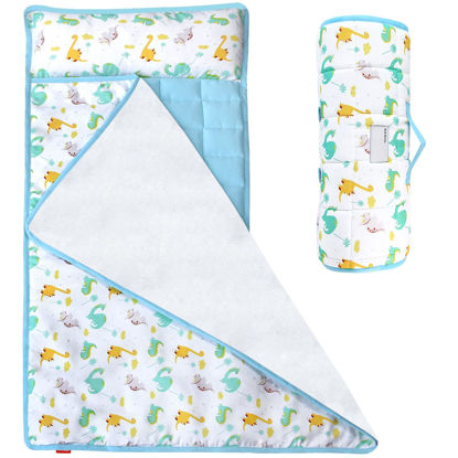 Picture of Moonsea Nap Mat for Toddlers Dinosaur with Pillow and Fleece Minky Blanket, Lightweight Perfect for Kids Preschool, Daycare, Travel Sleeping Bag Boys Girls, 21" x 50" Fit on a Standard Cot
