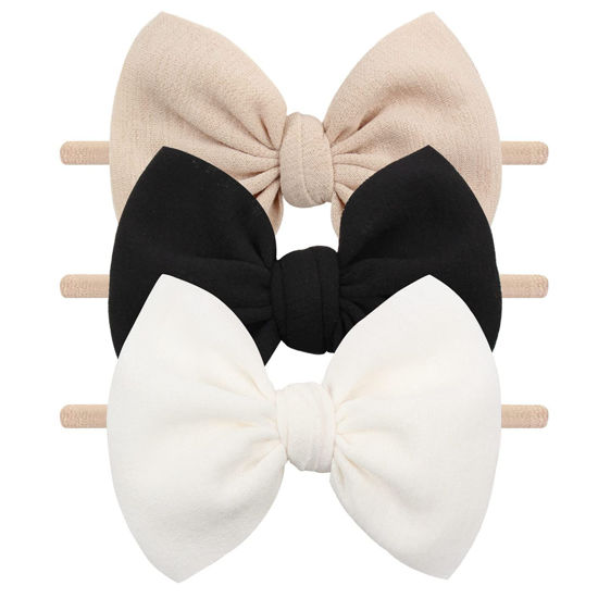 Picture of YanJie Baby Girls Nylon Headbands Newborn Bows Handmade Hair Hairbands Accessories for Infant Toddlers Kids(Beige Black White)