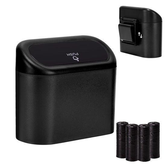Picture of Ginsco Mini Car Trash Can with Lid, Small Car Garbage Can, Cute Leakproof ABS Car Trash Bin, Car Accessories for Interior, Garbage Bin for Car, Home, Office with 60pcs Trash Bags Black