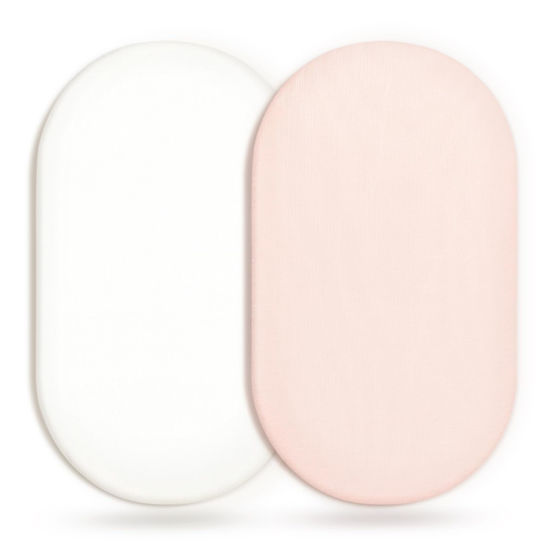 Picture of GRSSDER Stretchy Ultra Soft Fitted Bassinet Sheet 2 Pack, Universal Fit for Bassinets Baby Cradle Moses Basket Oval Rectangle Mattress Safe and Snug, Jersey Bassinet Sheets for Girls, White/Pink