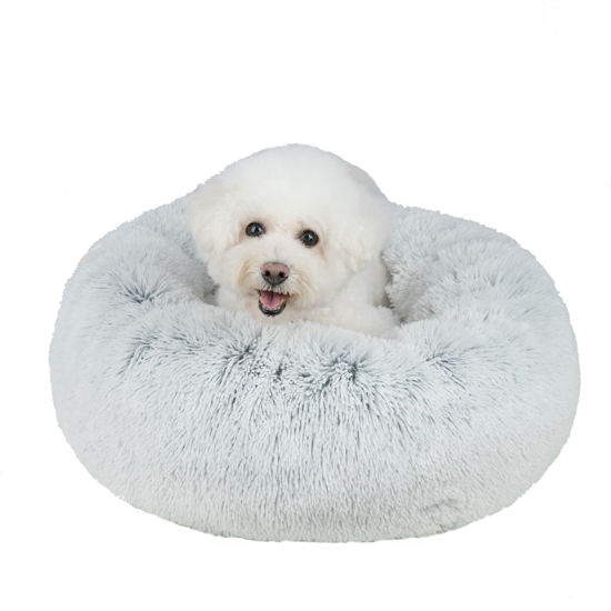 Picture of Best Pet Supplies Round Donut Dog Bed with Plush Faux Fur Fabric, Calming, Anti-Anxiety Cushion for Indoor Pets, Slip-Resistant Base, Soft Ergonomic Support - Light Warm Gray, 27x27x7.5''