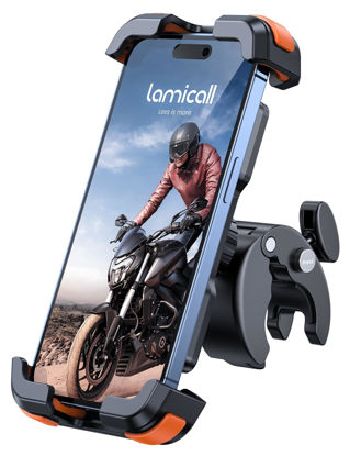 Picture of Lamicall Motorcycle Phone Mount, Bike Phone Holder - Upgrade Quick Install Handlebar Clip for Bicycle Scooter, Cell Phone Clamp for iPhone 15 14 13 Pro Max, Galaxy S23 and More 4.7-6.8" Phone, Orange