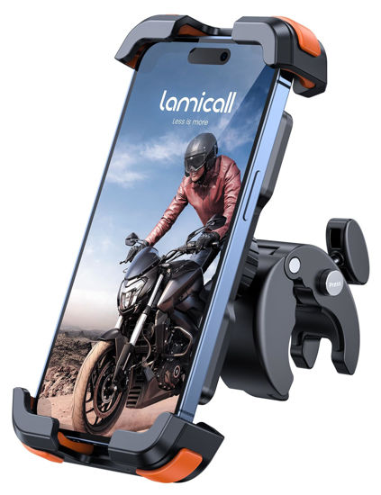 Picture of Lamicall Motorcycle Phone Mount, Bike Phone Holder - Upgrade Quick Install Handlebar Clip for Bicycle Scooter, Cell Phone Clamp for iPhone 15 14 13 Pro Max, Galaxy S23 and More 4.7-6.8" Phone, Orange
