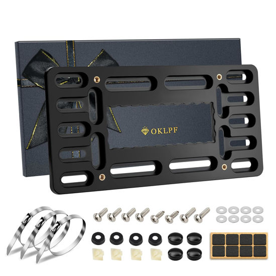 Picture of OKLPF No Drill Front License Plate Bracket- Front License Plate Mounting Kit，Universal Bumper Car Tag Frame Mount Adapter with Stainless Steel Screw Cap