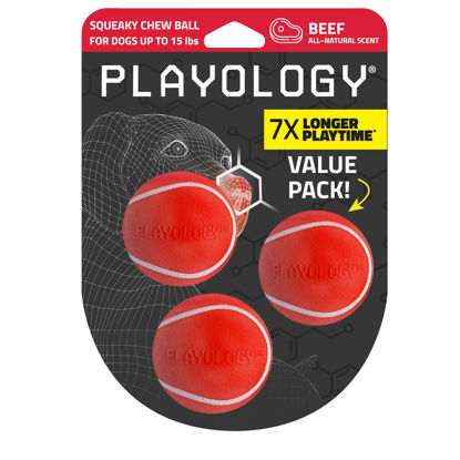 Picture of Playology Squeaky Chew Ball for Dogs | Engaging All-Natural Beef Scented Dog Toy for Small Dogs up to 25 pounds, Value 3-Pack | Squeak, Bounce, Fetch, and Play!