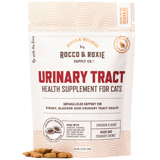 Picture of Rocco & Roxie Cat Urinary Tract Health Supplement, Cranberry and D-Mannose for Kidney, Bladder, and UT Support, Vet Recommended Chicken Flavored Crunchy Chews Cats Love, Made in USA