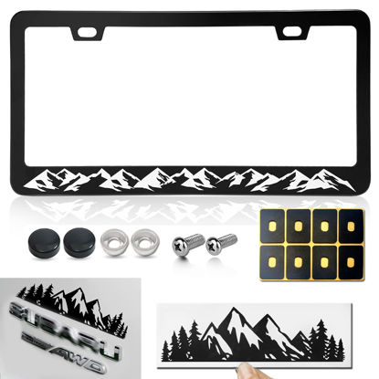 Picture of BGGTMO Mountains License Plate Frame- Black Aluminum Car Tag Cover Holder with Stainless Steel Screws Caps, Snow Mountain Tree Decal Sticker, 1 Pack 2 Hole