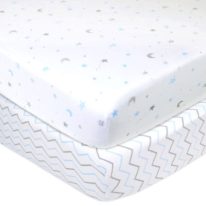 Picture of American Baby Company 2 Pack Fitted Crib Sheets 28" x 52", Soft Breathable Neutral 100% Cotton Jersey Sheet, Blue Stars/Zigzag, for Boys and Girls, Fits Crib and Toddler Bed mattresses