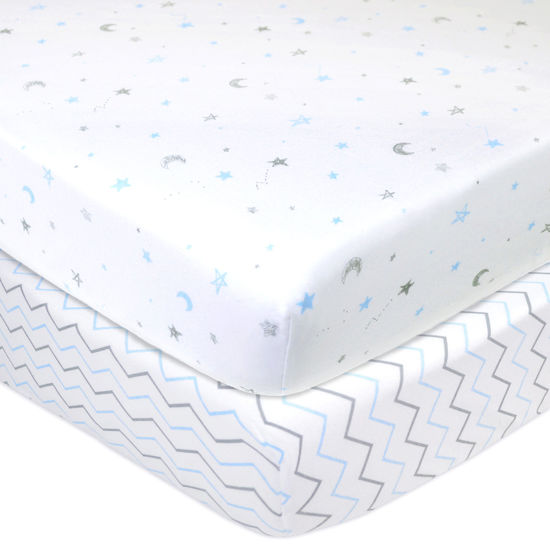 Picture of American Baby Company 2 Pack Fitted Crib Sheets 28" x 52", Soft Breathable Neutral 100% Cotton Jersey Sheet, Blue Stars/Zigzag, for Boys and Girls, Fits Crib and Toddler Bed mattresses