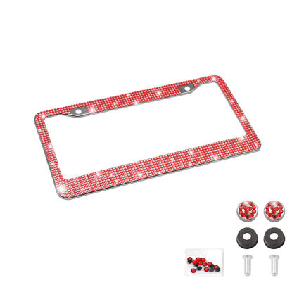 Picture of Bling Car License Plate Frame, Handcrafted Crystal Stainless Steel License Plate Frame, Sparkly, Durable, Universal Fit, Car Accessories for Girls, Women (Red)