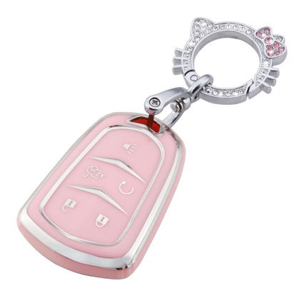 Picture of Pangpai Pink Key Fob Cover for Cadillac, Soft TPU Key Case Protection with Bling Keychain Fit for Cadillac Escalade CTS SRX XT5 ATS CT6 5 Buttons Smart Key Case