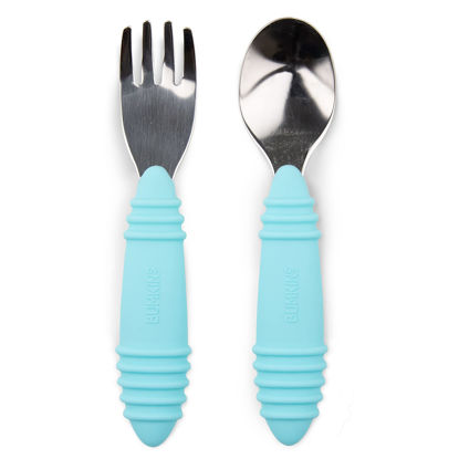 Picture of Bumkins Toddler Utensils, Kids Size Fork and Spoon Set, Silicone and Stainless-Steel Training Silverware, Angled Forks / Sporks for Self-Feeding, Children Hold Learning to Eat, 18 Months Up, Blue