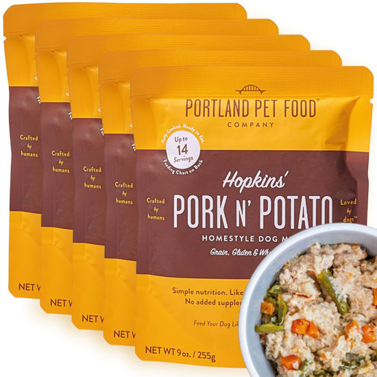 Picture of Portland Pet Food Company Hopkin's Pork N’ Potato Wet Dog Food Pouches - Human-Grade, Grain-Free Dog Food Toppers, Mixers, and Meals for Dogs - Fresh Dog Food Made in The USA - 5-Pack