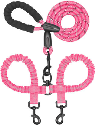 Picture of iYoShop Dual Dog Leash, Double Dog Leash, 360 Swivel No Tangle Walking Leash, Shock Absorbing Bungee for Two Dogs, Pink, Large (25-150 lbs)