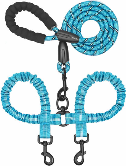 Picture of iYoShop Dual Dog Leash, Double Dog Leash, 360 Swivel No Tangle Walking Leash, Shock Absorbing Bungee for Two Dogs, Blue, Medium (8-35 lbs)
