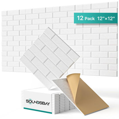 Picture of Soundsbay Soundproof Wall Panels, Sound Proof Panels for Wall, 12 Pack Acoustic Panels Sound Absorbing Self Adhesive, Brick Acoustic Wall Panels for Wall Décor, Home, Ceiling 12"×12"×0.4" White