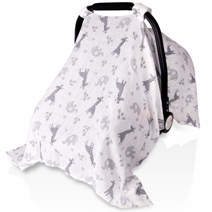 Picture of Baby Car Seat Covers for Boys Girls, Metplus Muslin Infant Carseat Canopy, Lightweight Breathable Newborn Carrier Canopies Stroller Cover, Universal Fit Large Size 47.2 x 35.4 inch, Elephant Giraffe