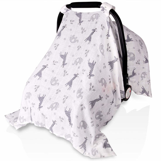 Picture of Baby Car Seat Covers for Boys Girls, Metplus Muslin Infant Carseat Canopy, Lightweight Breathable Newborn Carrier Canopies Stroller Cover, Universal Fit Large Size 47.2 x 35.4 inch, Elephant Giraffe