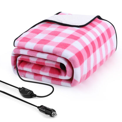 Picture of Sino Salected Heated car Blanket - 12/24 Volt Electric Blanket for car, Portable Heated Blanket for Car, Truck, SUV, RV & Camping, with Upgraded Temperature Controller, 59" x 43"(Pink-White Plaid