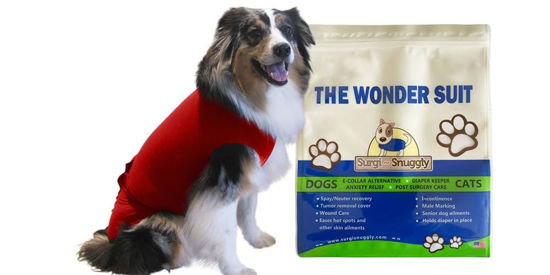 Picture of SurgiSnuggly Veterinary Invented Dog Surgical Recovery Suit for Female Spay or Male Dogs Neuters Onesie,Cone Alternative, Original Onesie Bodysuit for After Surgery Small, Medium, Large Dogs Red ML EC
