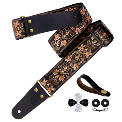Picture of Nefelibata Guitar Strap, 2" Jacquard Embroidery Guitar Straps, Full Grain Leather Ends with Hidden Pocket, for Bass, Electric and Acoustic Guitars, Strap Button, Strap Locks and Guitar Picks