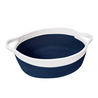 Picture of Goodpick Small Woven Basket Cute Navy Blue Rope Basket Cotton Basket Woven Storage Basket Cat Toy Basket Nursery Basket with Handles for Bedroom 12"x 8" x 5" Oval Candy Color Design, (Pack of 1)