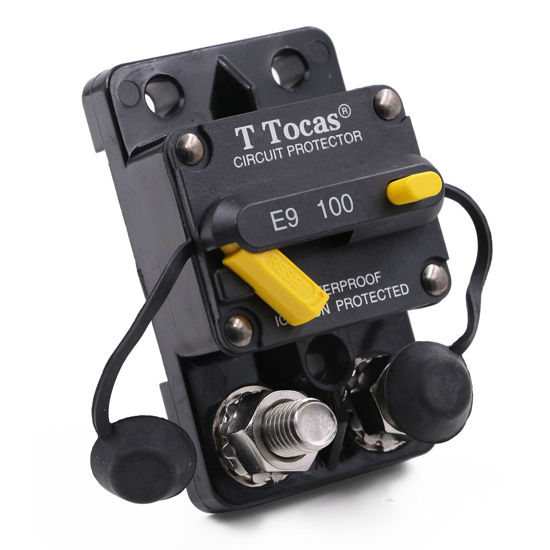 Picture of T Tocas Hi-Amp 100A Surface-Mount Circuit Breaker Double 3/8" Stud with Manual Reset Switchable, 12V - 48V DC, 100 Amp IP67
