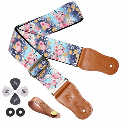 Picture of Nefelibata Japanese Cotton Guitar Strap for Acoustic Guitar, Ukulele, Free Headstock Strap Adapter, Strap Button, Guitar Picks and Strap Locks(Colorful Flowers)
