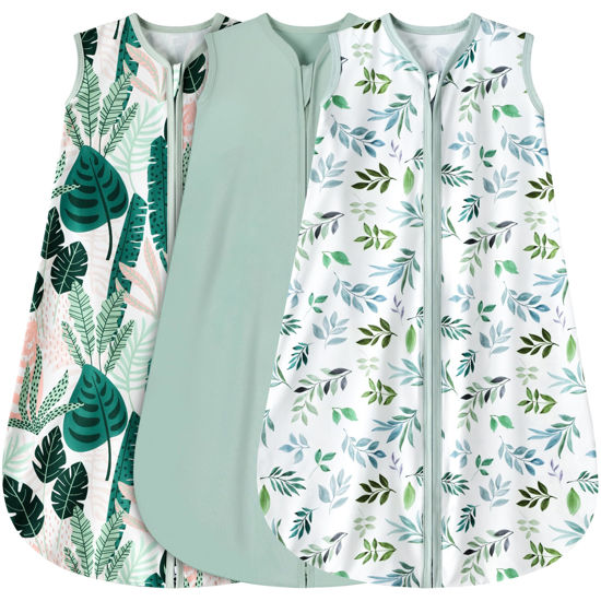 Picture of BSTOPPT 3 Pack Baby Sleep Sack 0-6 Months 100% Rayon Cotton Baby Sleeping Bag 2-Way Zipper Toddler Wearable Blankets Comfy Stretchy Lightweight TOG 0.3 （Banana&Leaf&Green）