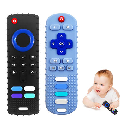 Picture of ERSIHUA 2-Pack Silicone Baby Teething Toys, TV Remote Teethers for 6-12-18 Months Infant, Fire Stick Remote Control Shape Baby Silicone Teethers, Chew Toys for Boys and Girls (New-F Black+R Blue)