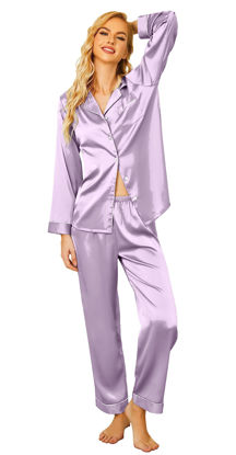 Picture of Ekouaer Women's Satin Pajama Set Long Sleeve Silk Sleepwear Button Down Sleepwear Loungewear(Lilac,XX-Large
