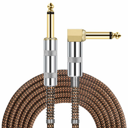 Picture of JOLGOO Guitar Cable, 1/4 Inch Cable 15 Ft, Straight to Right Angle 6.35mm Plug Bass Keyboard Instrument Cable, Orange and Black Tweed Cloth Jacket, Electric Mandolin, pro Audio