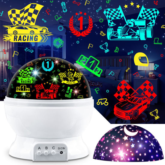 Picture of MOKOQI Race Car Night Light Projector Birthday Gifts Toys for Boys Age 3-5 Kids Car Nightlights 360 Degree Rotation with 17 Colors Changing Star Projector Ceiling Light Projector for Boys